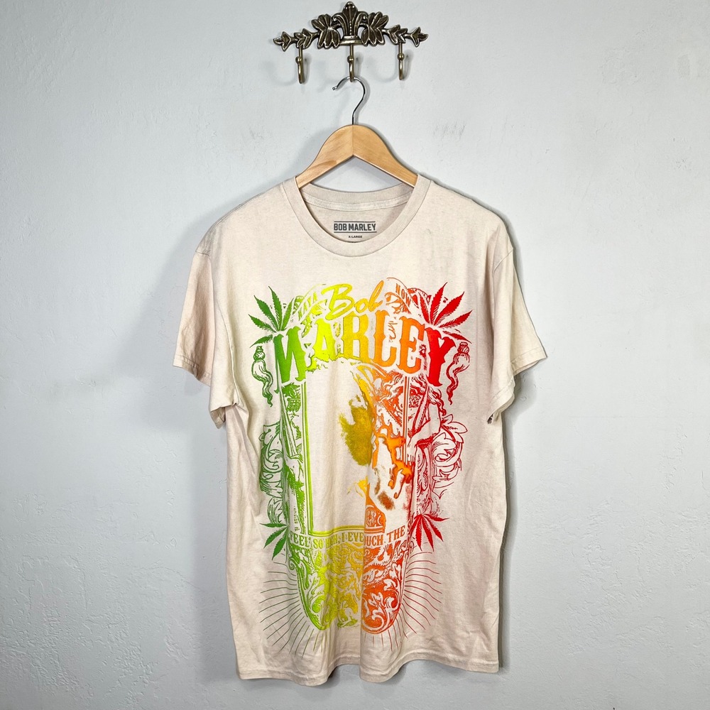Bob Marley Reggae Graphic T Shirt XLarge Beige Colorful Cotton Short‎ Sleeve